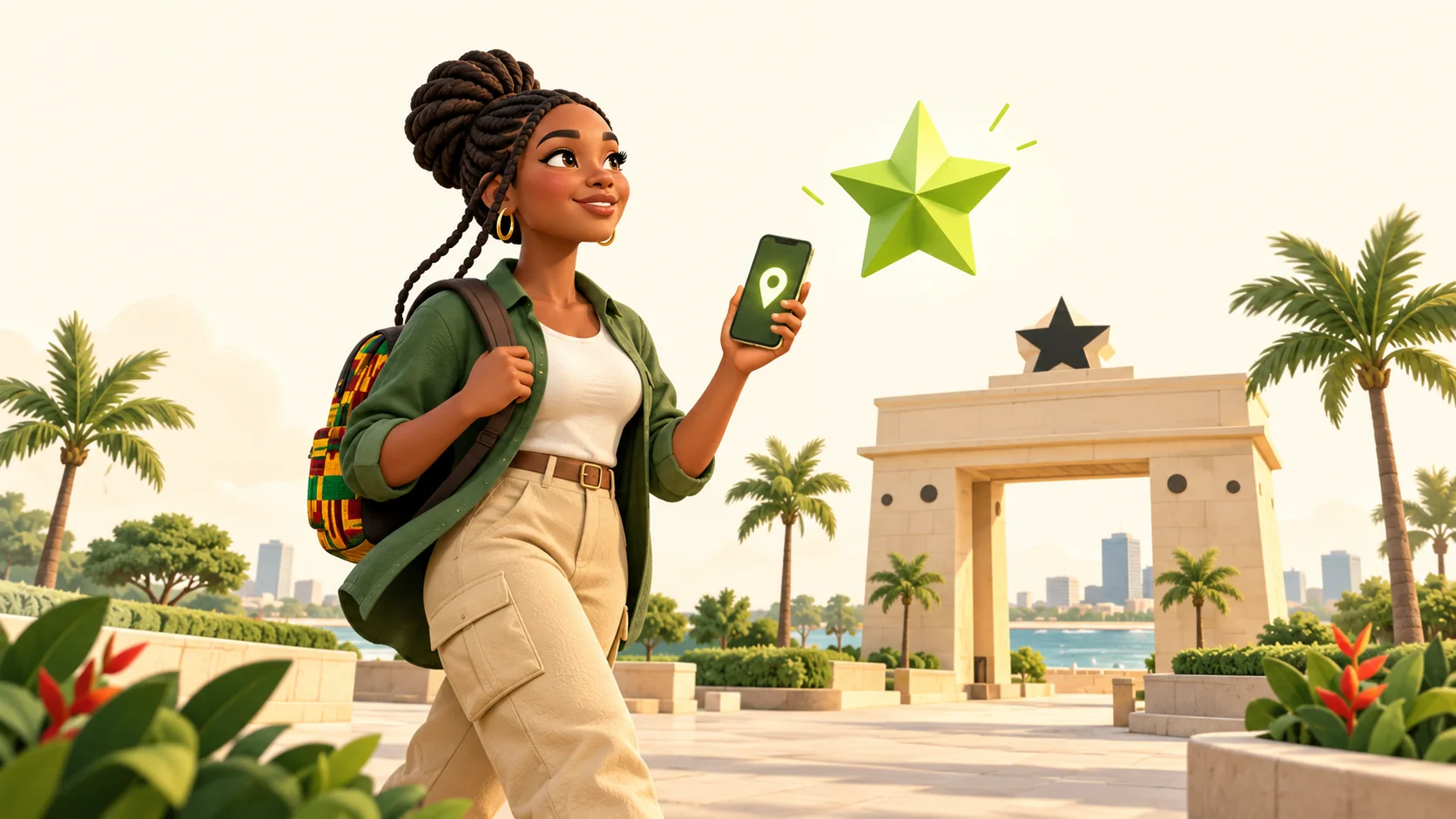 An imaginative illustration of Accra landmarks with a golden star treasure